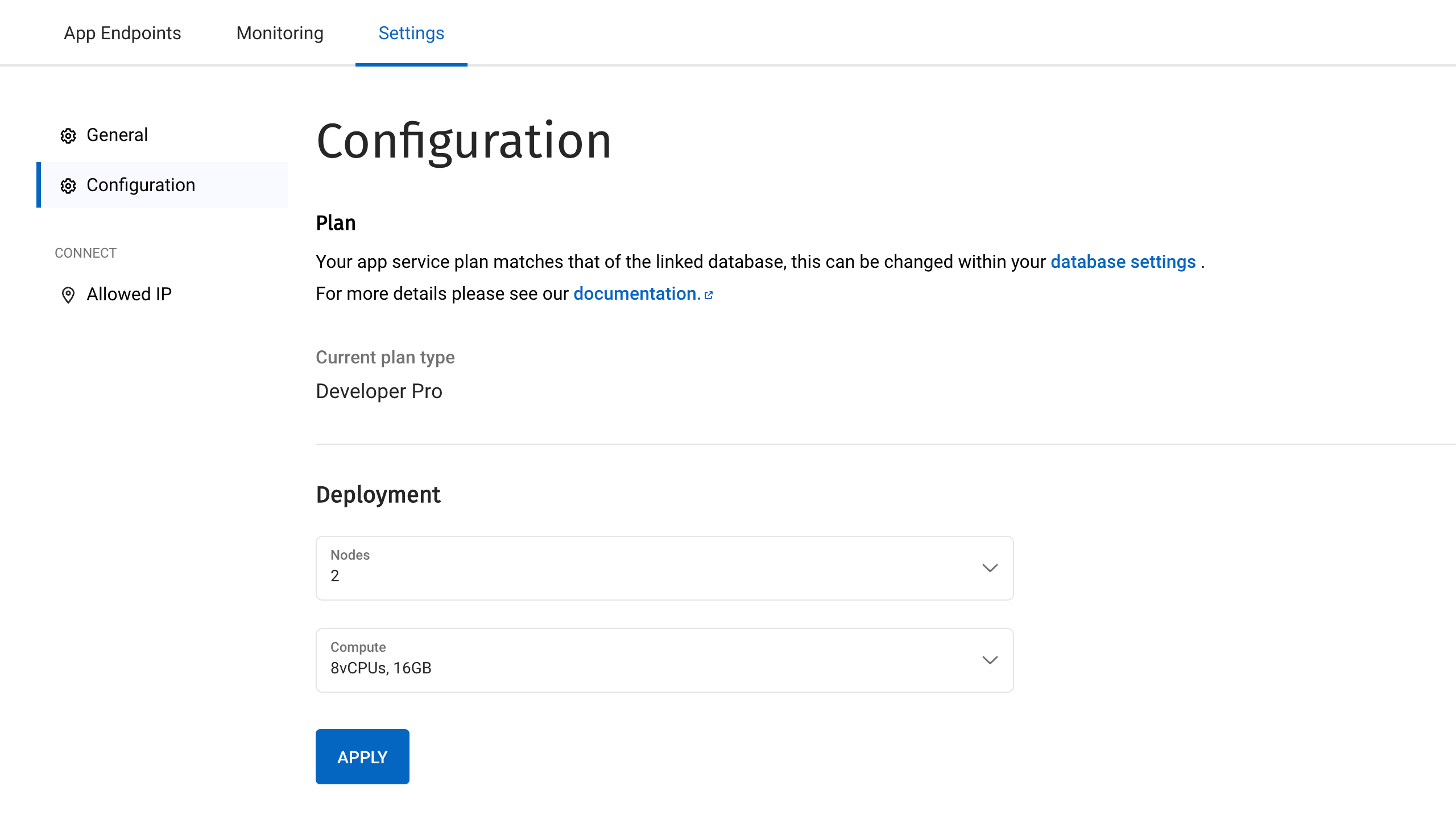 App Service configuration screen