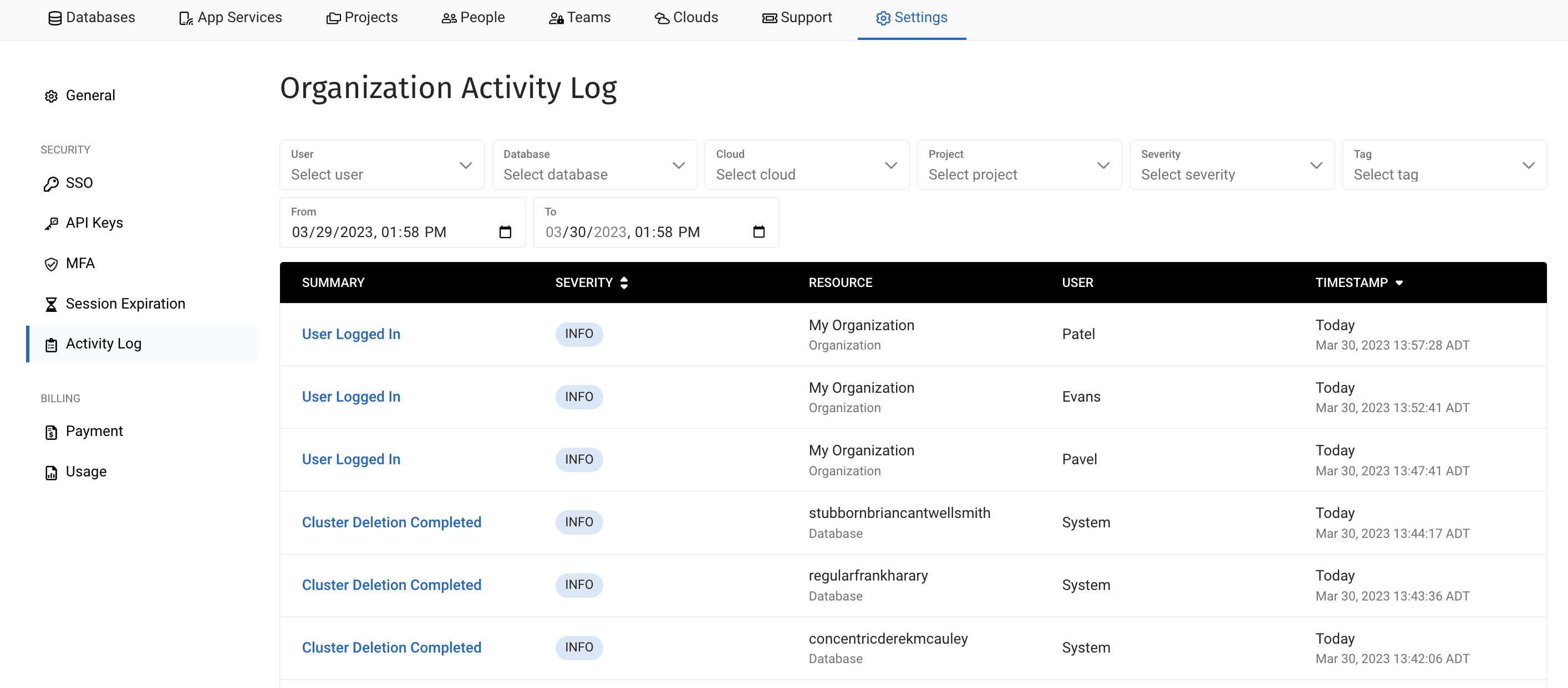 activity log