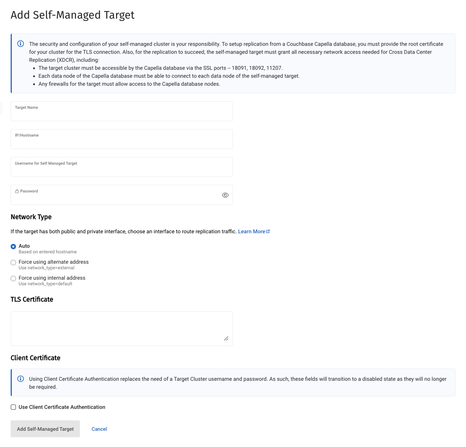 Add Self-Managed Target Screen.