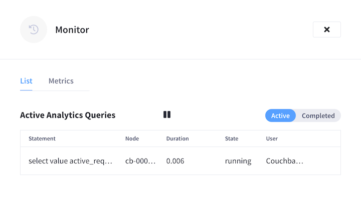 The Active Analytics Queries list in the Monitor flyout.