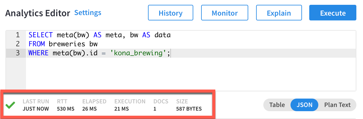 The executed query with its metrics highlighted.