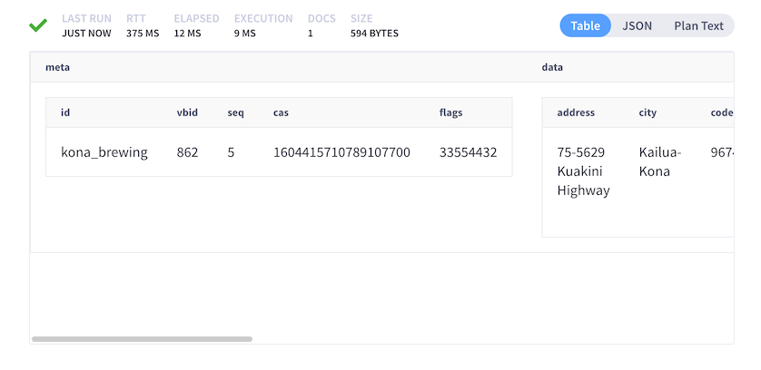 The Query Results area with the Table tab selected.