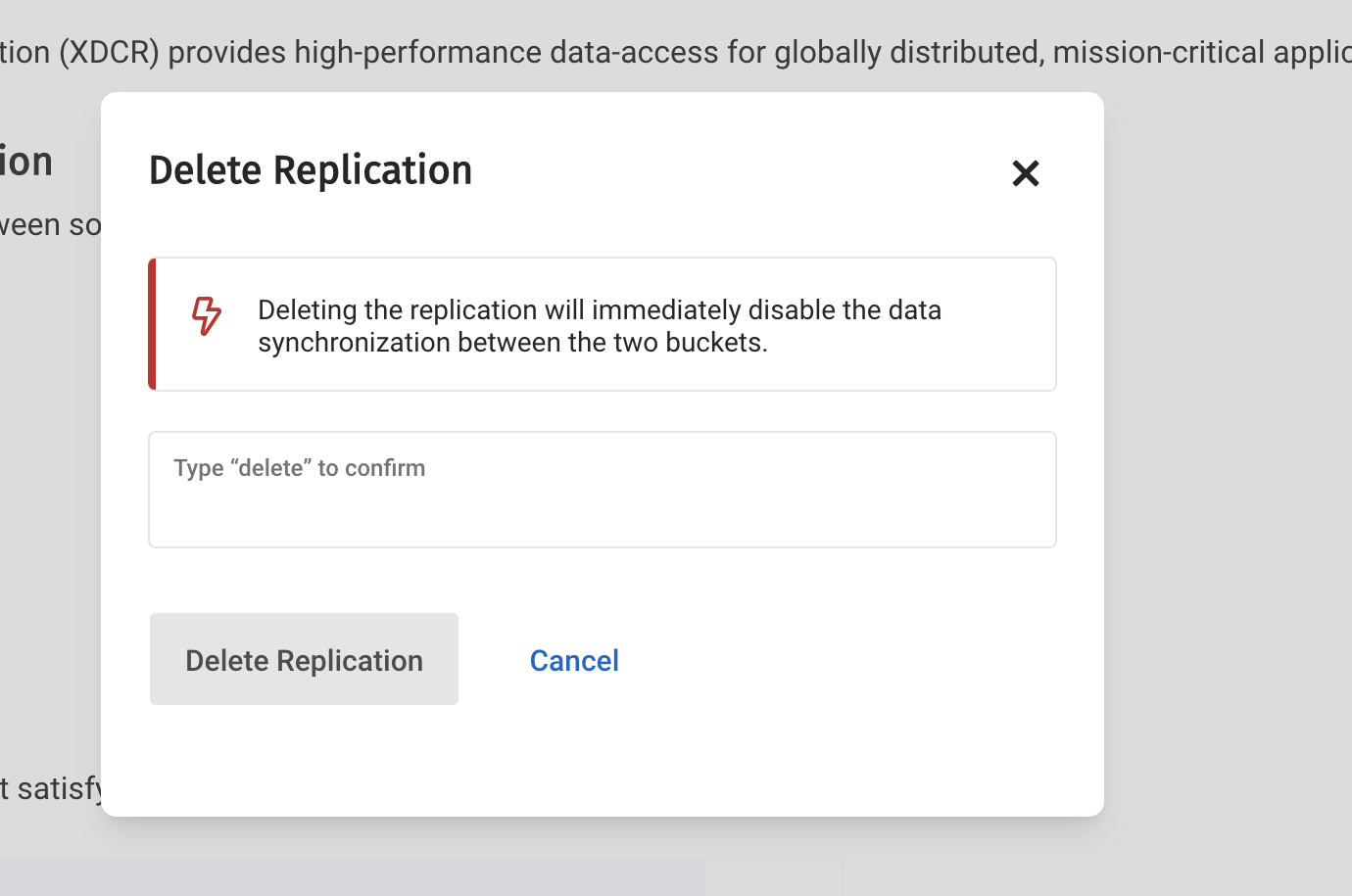 Dialog to confirm deletion of replication.