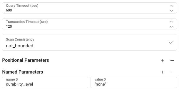 The Query Options dialog, with Scan Consistency set to "not_bounded", Transaction Timeout set to "120", and named parameter "durability_level" set to "none"