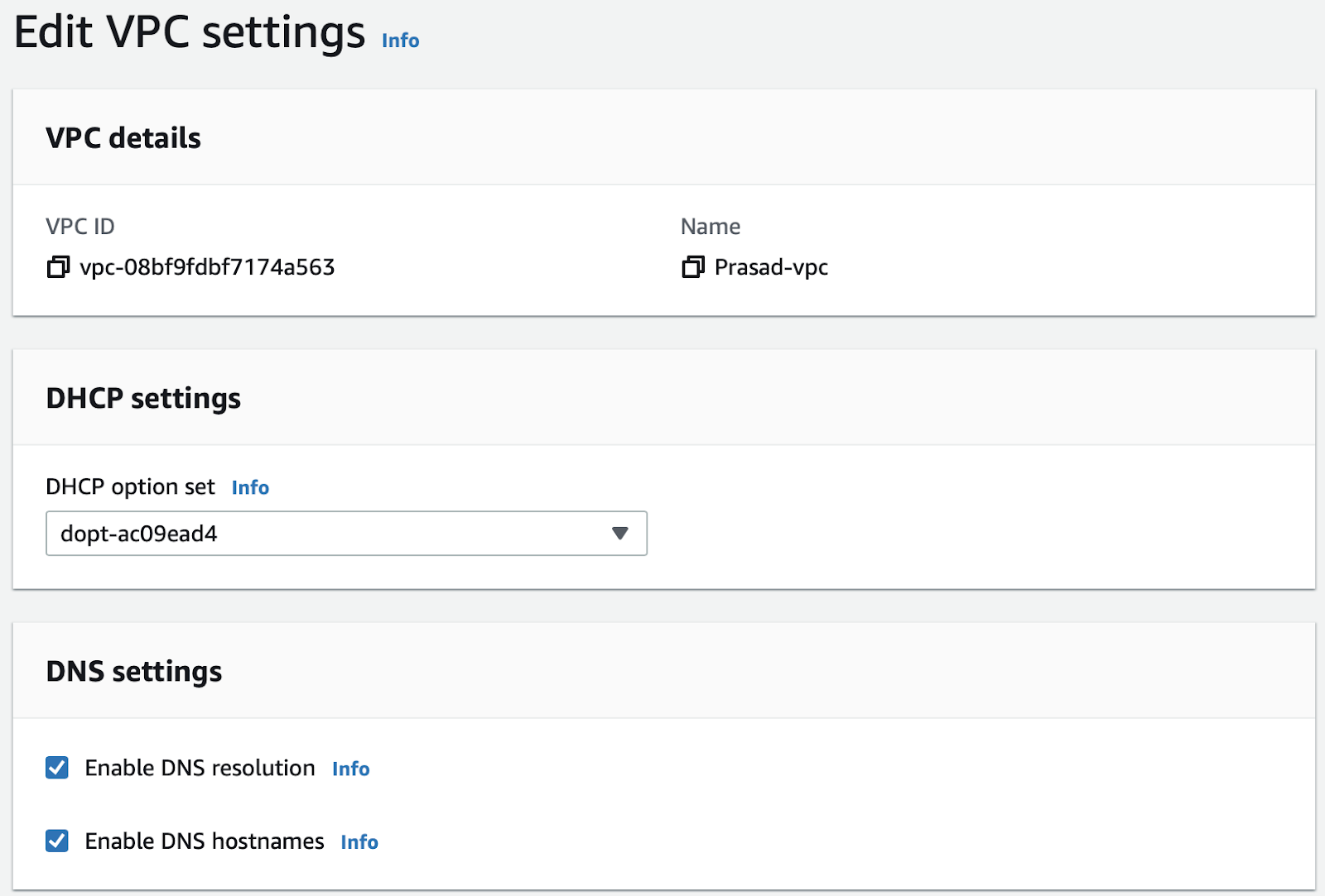 AWS VPC Enable VPC Settings