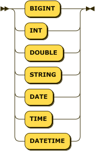 "BIGINT" | "INT" | "DOUBLE" | "STRING" | "DATE" | "TIME" | "DATETIME"