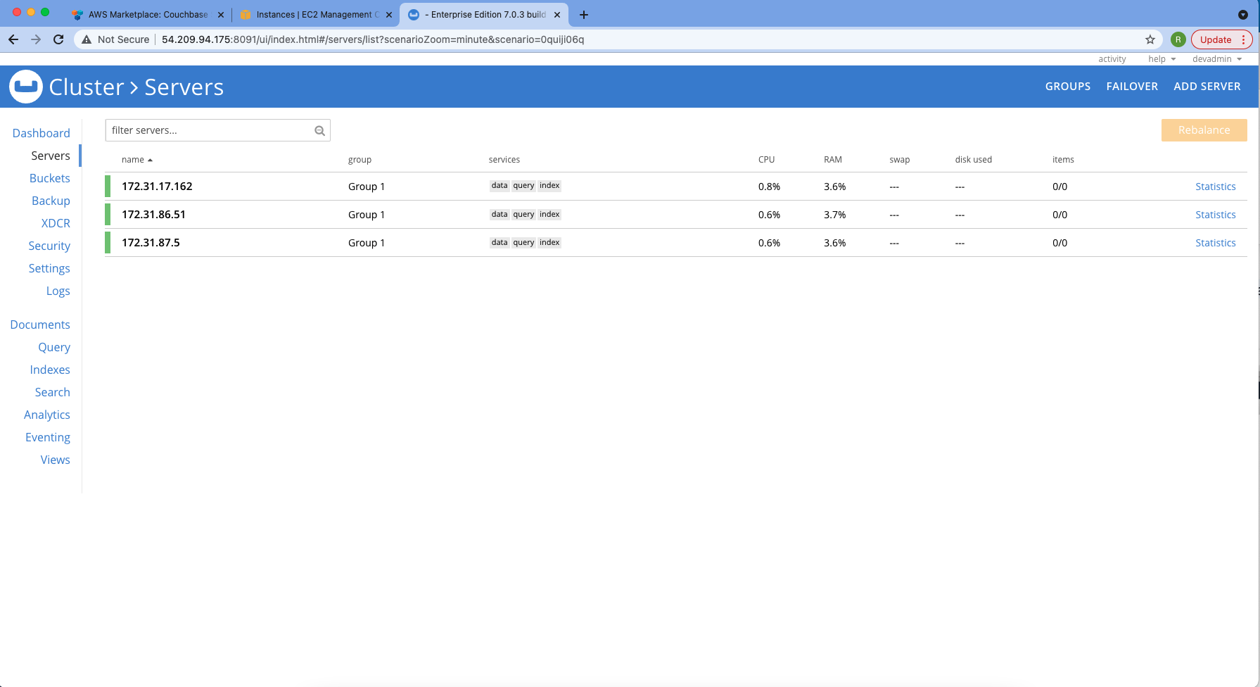 aws couchbase web console servers