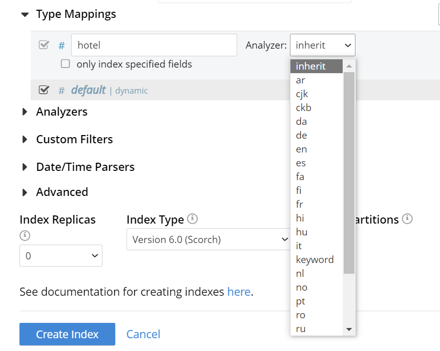 fts type mappings ui analyzers menu