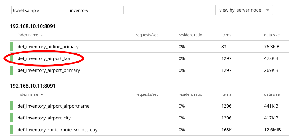 The Indexes tab showing def_inventory_airport_faa on 192.168.10.10