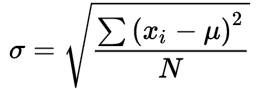 sigma = sqrt((sum(x_i - mu)^2)/N)