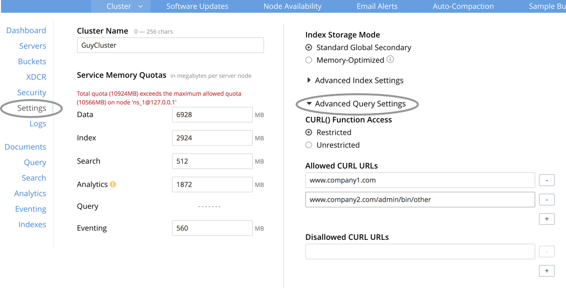 The Settings Screen showing the Advanced Query Settings