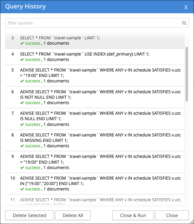 The Query History window with several queries displayed