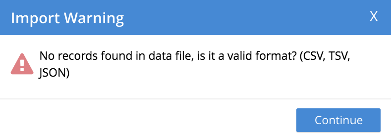 Import Warning dialog: no records found