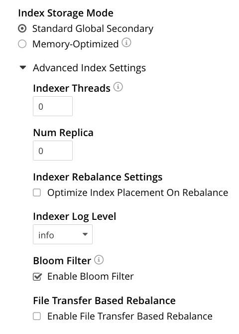 The Index Storage Mode panel