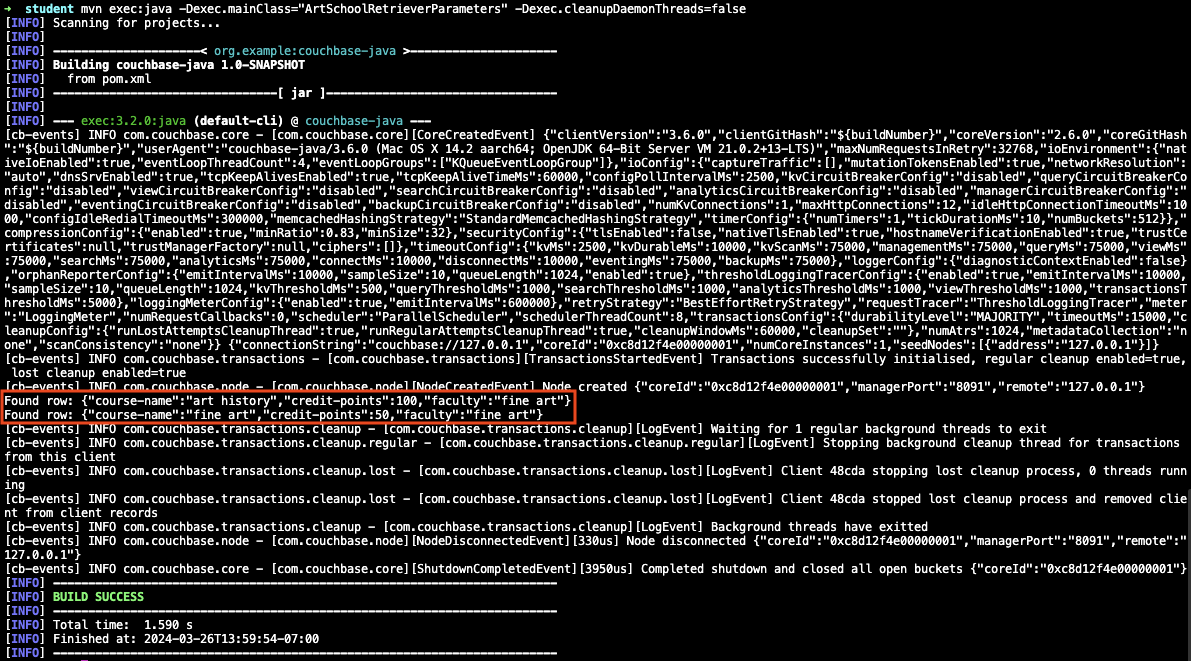 Console showing successful course retrieval using parameters using the SDK