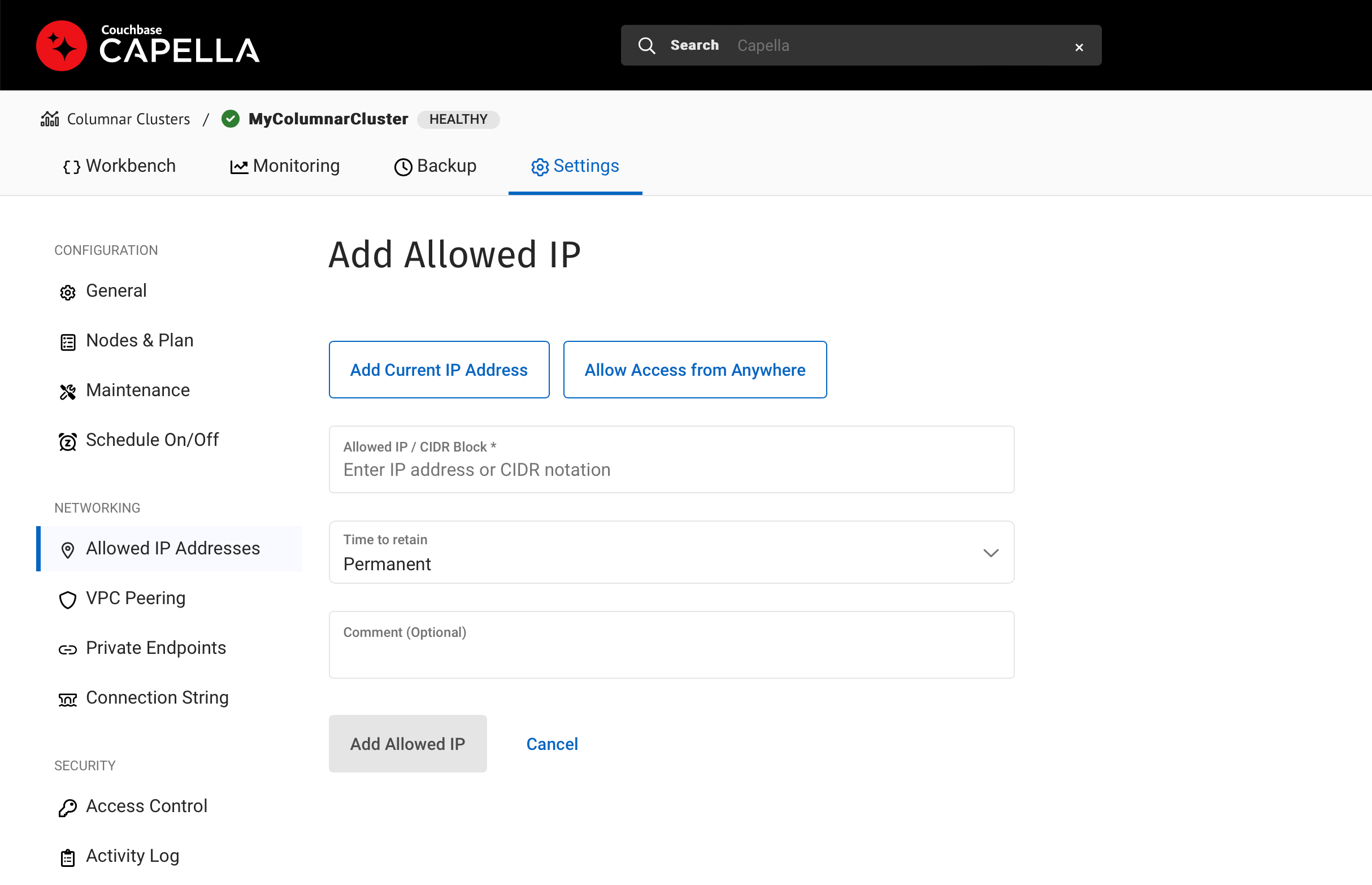 capella columnar add allowed ip